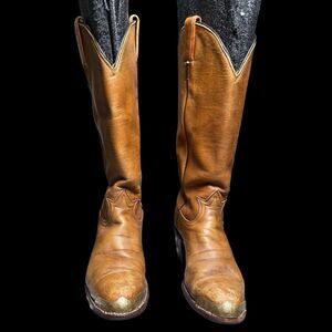 Tony Lama #7458 Vintage Tall Gold Label Brown Cowgirl Boots Brass Tip Size 6.5 A